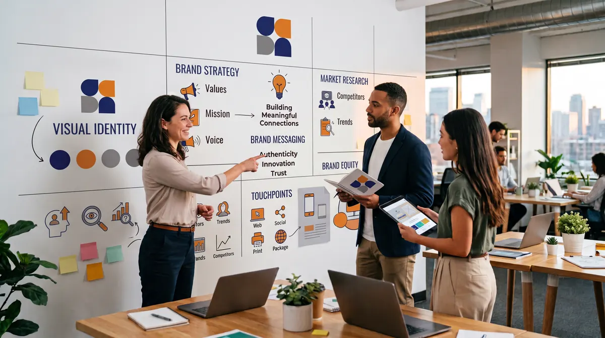 Equipo de trabajo revisando una estrategia de marca frente a un mural con identidad visual, mensajes y puntos de contacto